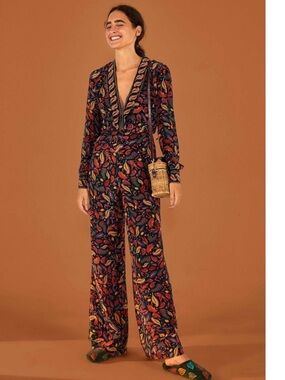 Farm Rio mini pineapples Jumpsuit Women’s XL Satin Wide Leg Pant Tropical O